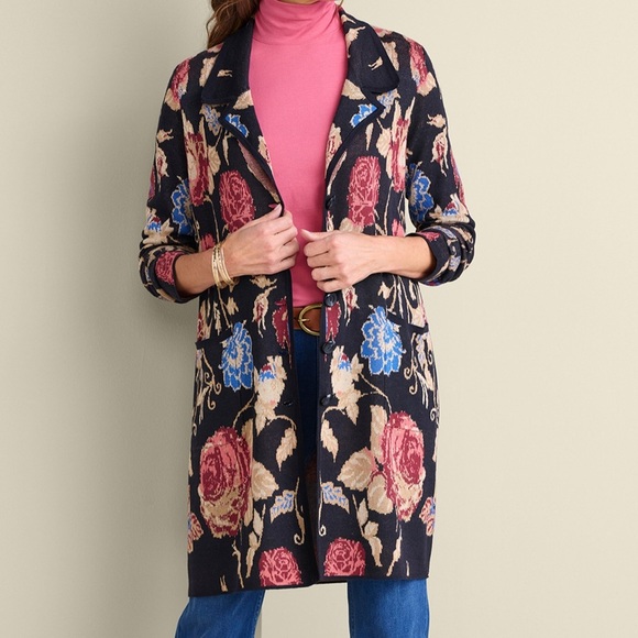 Soft Surroundings Glasgow Sweater coat Women Size Large Black Floral Longline - Picture 1 of 13